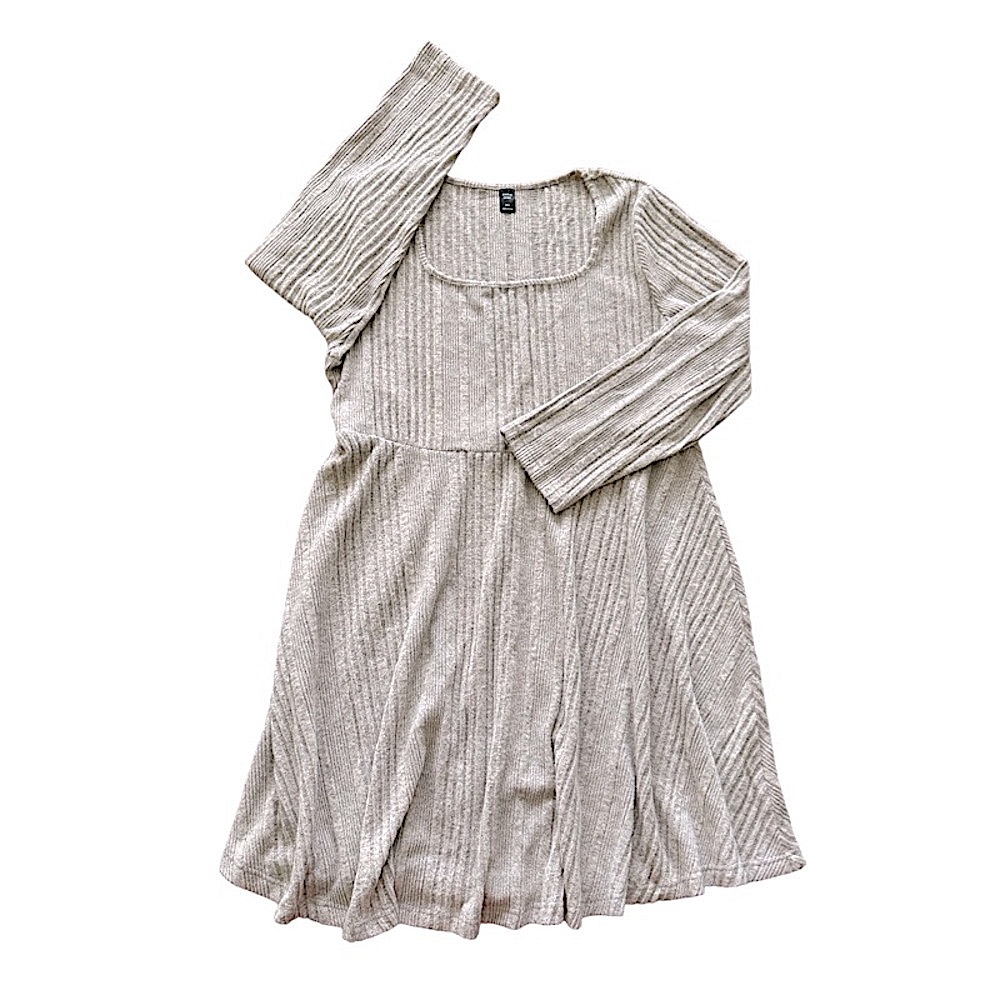 SHEIN Beige Ribbed Knit Long-Sleeved A-Line Dress